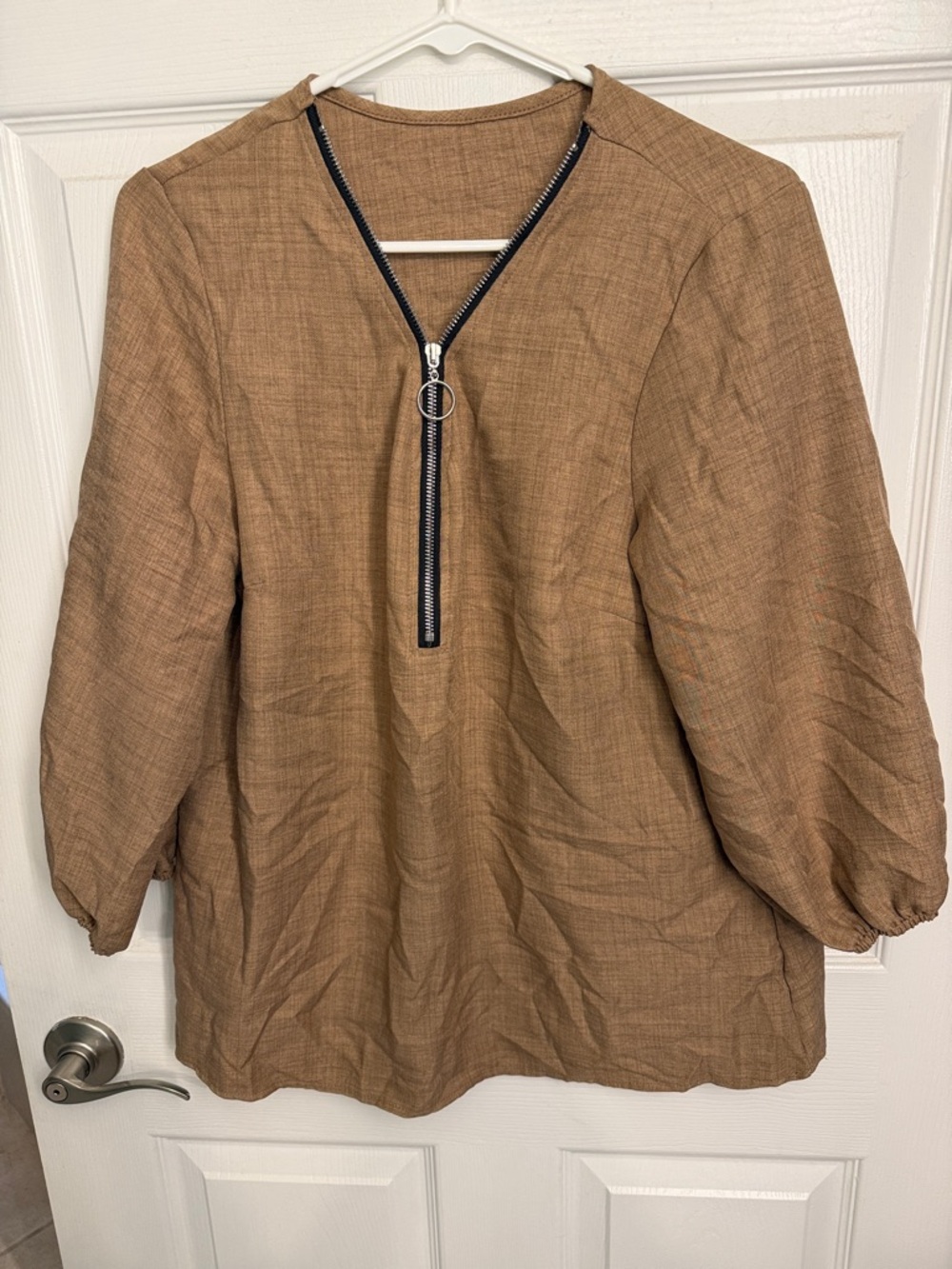 Brown Zip Front Lightweight Pullover Top